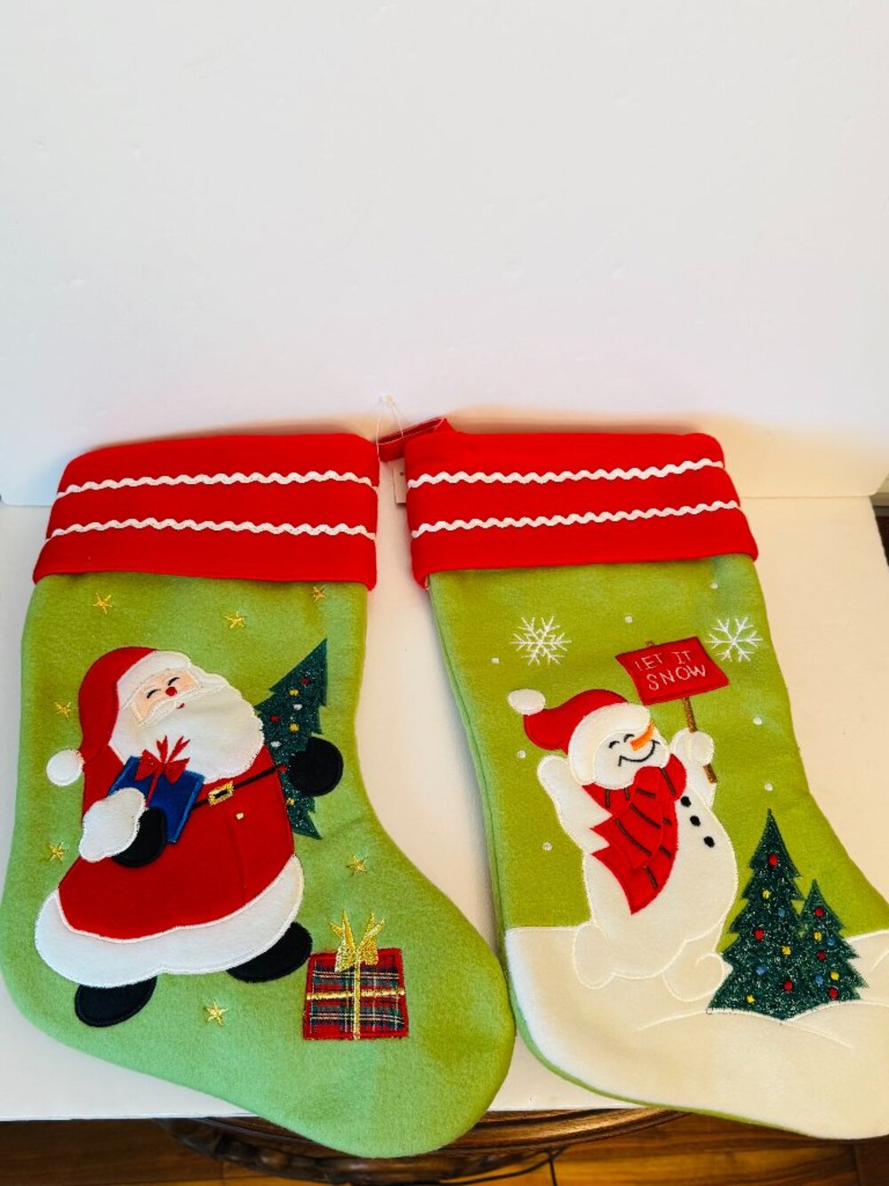 2 Merry Brite Christmas 18.5" Stockings Santa Claus Tree Presents & Snowman